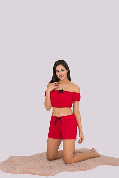 MyBen Red Strapless Women's Pajama Set with Detailed Shorts 378