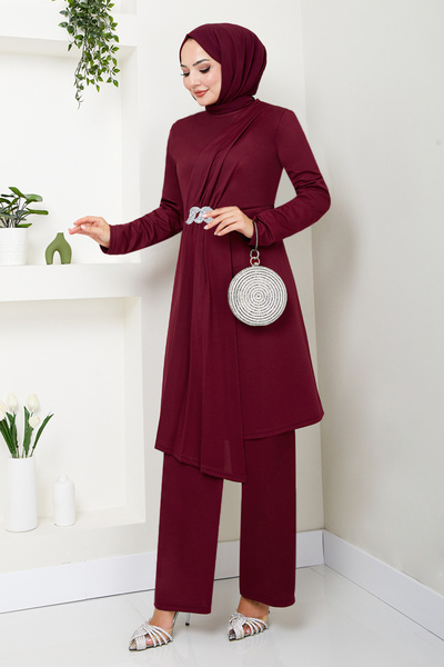 ModaMerve Claret Red Set 269DVL897 - Belt with Stone DeTail