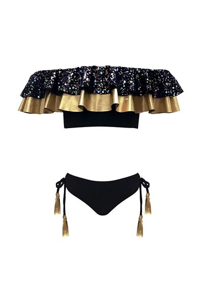 LOOK ME Nessi Byrd 50Uv Black Girls Bikini Set - Gold and Silvery with Ruffles and Tassels