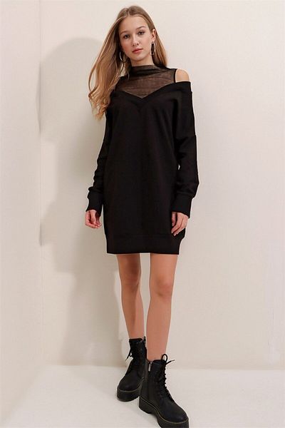 TRQOM Rochie de dama cu guler din tul negru