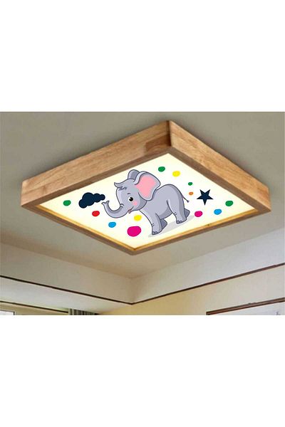Dekor olsun 30*30cm White Wooden Frame - Led Lighting, Kids Elephant, 6500K Light