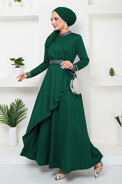 ModaMerve Φόρεμα Hijab με ζώνη Emerald - 268DVL897-M