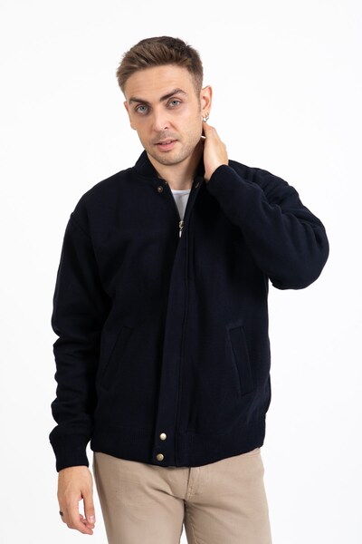 Mutlu City Men's Middle Age and Above Knitwear Knitted Lined Acrylic Zippered Winter Dad Cardigan 3065-navy blue