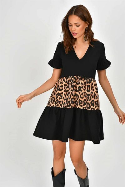 citystyle Γυναικείο φόρεμα με λαιμόκοψη V Leopard Print Black Block