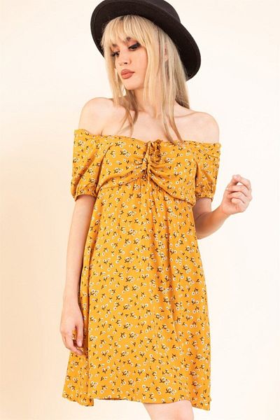 citystyle Mustard Women's Dress - Gathered Front and Elastic Waist