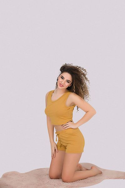 MyBen Mustard Colored Thick Strap Women's Pajama Set with Shorts 307