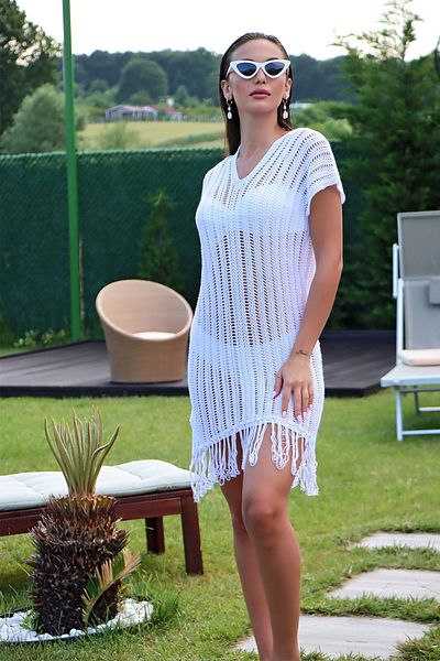 citystyle Rochie albă cu decolteu în V, fără mâneci, cu ciucuri - L