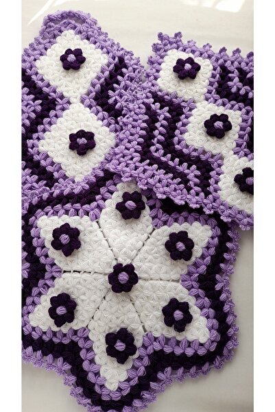 Ebrulisler El Örgüsü Mor Menekşe Lila Yıldız Kare Uzun Günlük Çeyizlik 3'lü Banyo Lif Seti