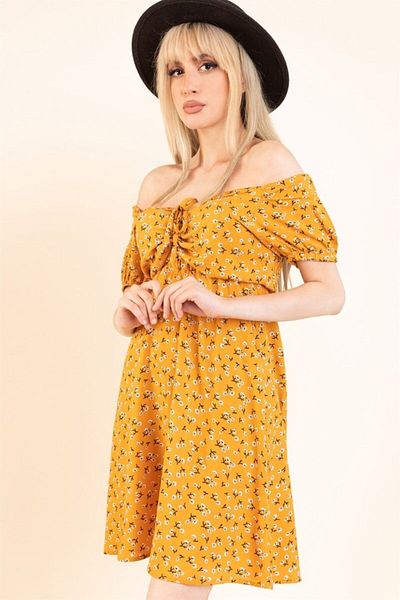 citystyle Mustard Women's Dress - Gathered Front and Elastic Waist