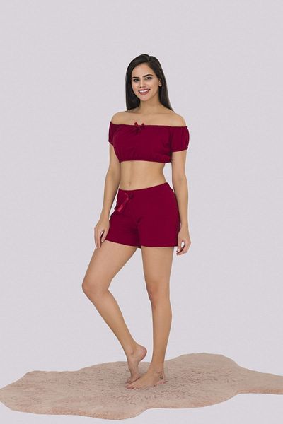MyBen Set de pijamale pentru damă, roșu Claret, fără bretele, cu pantaloni scurți detaliați 372