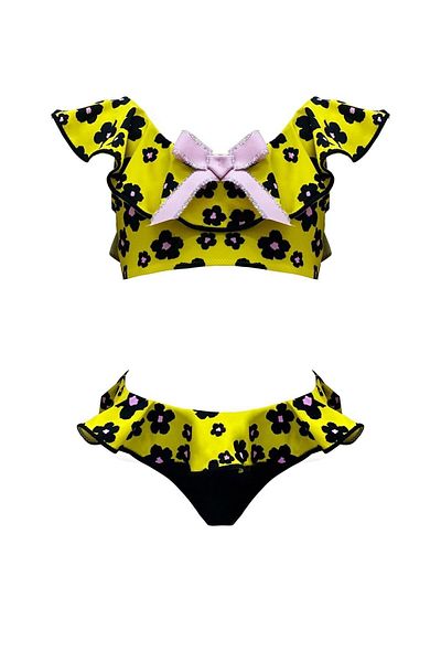 LOOK ME Daisy Print Ruffled Bow Detailed 50Uv Girl's Bikini Set by Nessi Byrd