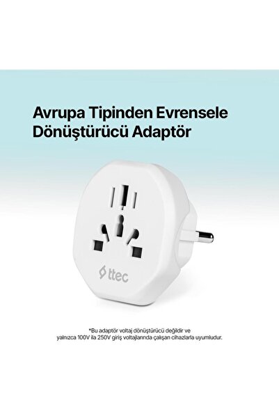 Ttec Şarj Akım Korumalı 10A/250V Amerikan Ve Avrupa Tipi Priz Dönüştürücü Priz Çevirici Adaptör Priz
