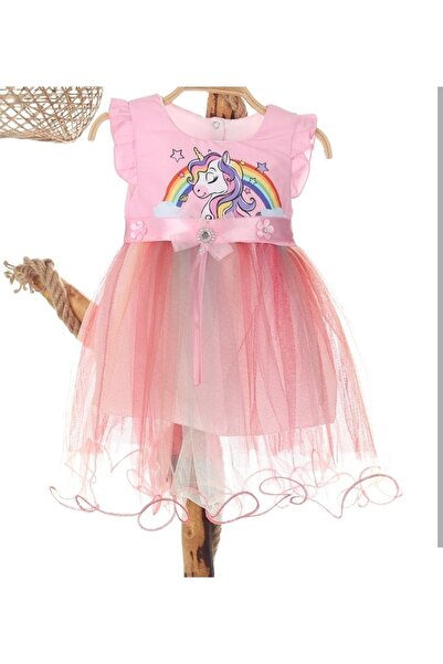HOBİLAYFSANAT Pembe Tüllü Kısa Kol Çocuk Elbise