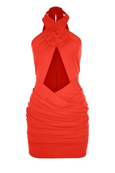 La Sarta Rochie mini Paul De Vence pentru femei - Detaliu trandafir, decolteu cu halter, drapat fără spate, rodie