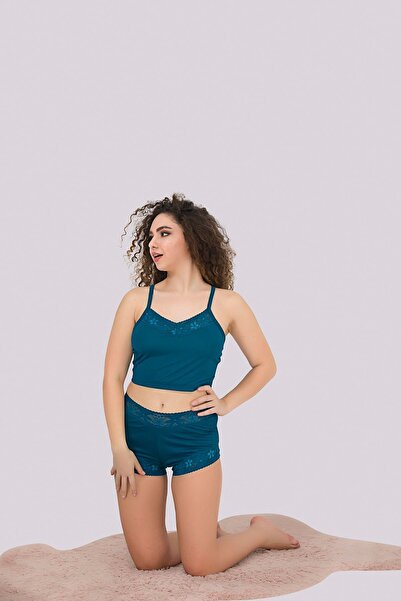 MyBen Set de pijamale de damă cu detaliu din dantelă de culoare petrol cu pantaloni scurți cu bretele 346