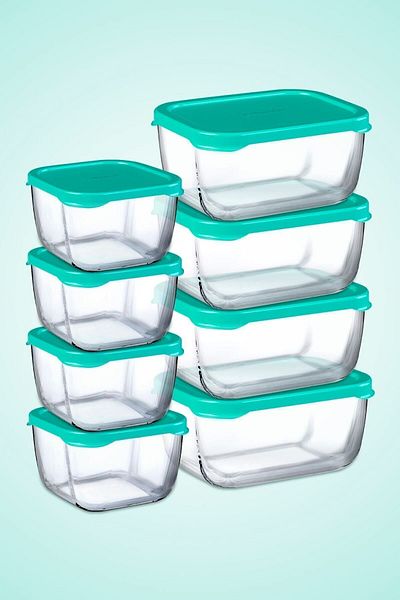 Paşabahçe 8 Piece Snowbox Storage Container Set (4 MEDIUM 4 SMALL) (LIGHT BLUE)