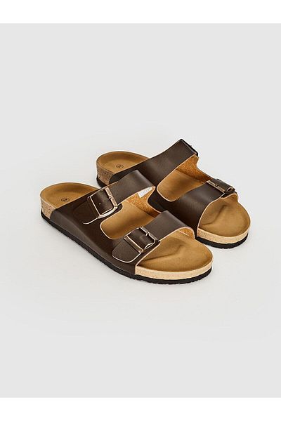 LC Waikiki Ανδρικές παντόφλες LCW STEPS - Καφέ Δερμάτινη εμφάνιση, Διπλό λουράκι