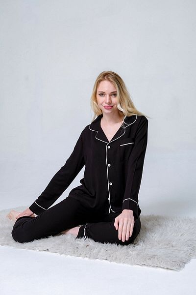 duvencasual Set de pijamale de damă din bumbac Lycra cu mânecă lungă, cu nasturi în față 2261s