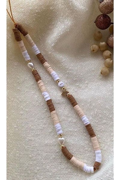 Stoneday Brown Gold Star Pearl Detailed White Fimo Bead Phone Strap Ornament Charm