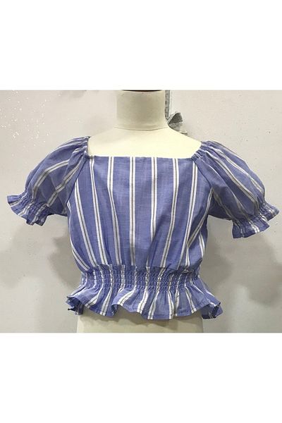 Çikoby Girl - Balloon Sleeve Striped Crop Blouse