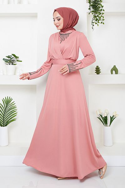 ModaMerve Βραδινό φόρεμα Dusty Rose Draped Belted - 267DVL897-M