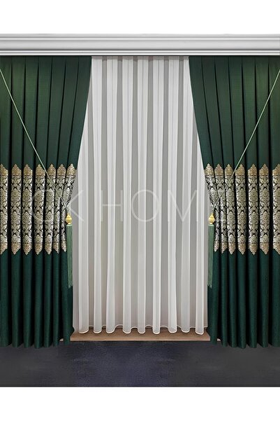 SAYDEMİR HOME Pano Fon Perde Zümrüt Yeşili Damask Çiçek Desenli Fon Perde SIK PİLE 1/3 TEK KANAT