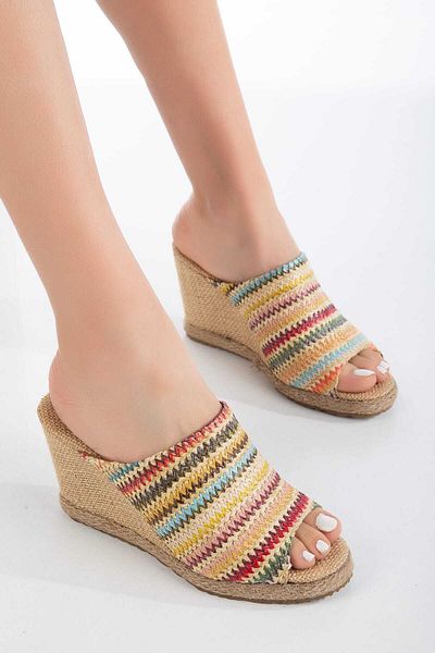 Kartezyen Multicolored Shoes with Wedge Heels and Straw Detail