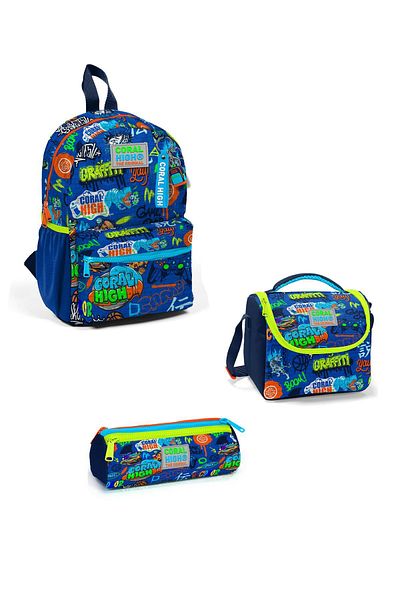 Coral High Rucsac Saks Blue Graffiti cu model Tiny Nest - Set de 3 cu două compartimente 3SET23567