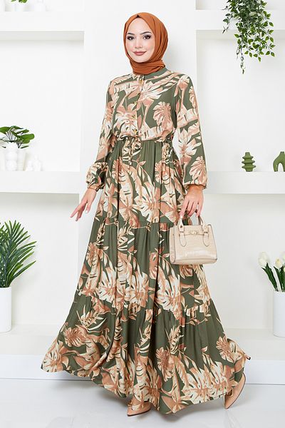 ModaMerve KHaki Patterned Viscose Dress - 2351BGS895-M