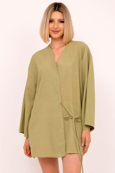 MissThetis V Yakalı Yandan İpli Bağlamalı Bağcıklı Uzun Kollu Keten Kumaş Rah...