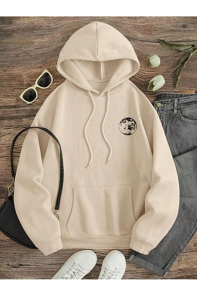 PALPİTO Μπεζ Moon Printed Unisex Hoodie Hoodie - Φούτερ με 3 νήματα