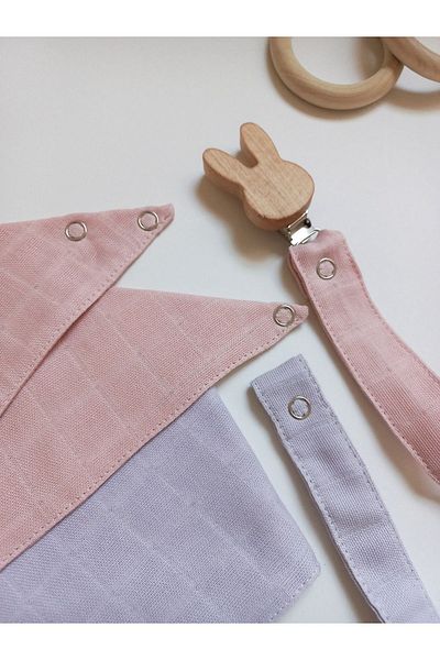 sbbaby Muslin 100% Organic Baby Bib (Collar) Pacifier Strap with Wooden Clip Set of 4