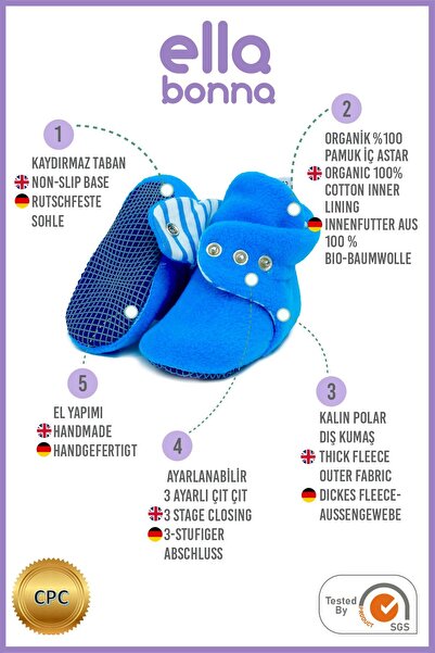 Ella Bonna Kaydırmaz Taban, Bebek Pandufu, Ilkadım Ev Patiği, Terletmeyen Organik Pamuk Astarlı