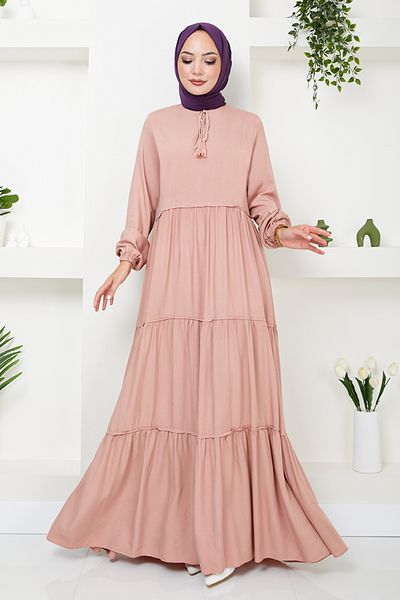 ModaMerve Powder Color Flounce Hijab Dress - 2352BGS895-M