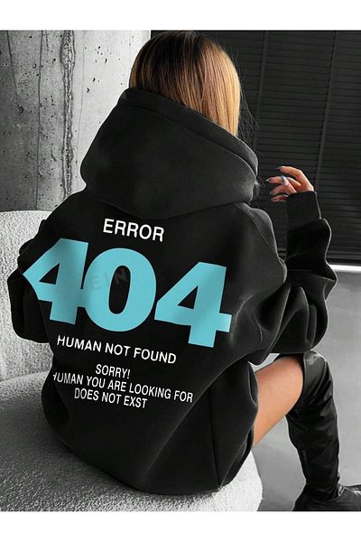 PALPİTO Hanorac negru cu glugă, cu 3 fire, imprimat Error 404, pentru femei