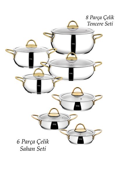Taç Vitali 14 Piece Steel Cooking Set - Induction Base, Gold