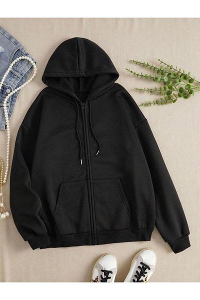 khufu Μαύρη κουκούλα με φερμουάρ Unisex Ζακέτα χωρίς εκτύπωση