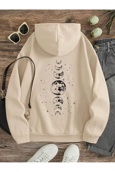 PALPİTO Μπεζ Moon Printed Unisex Hoodie Hoodie - Φούτερ με 3 νήματα