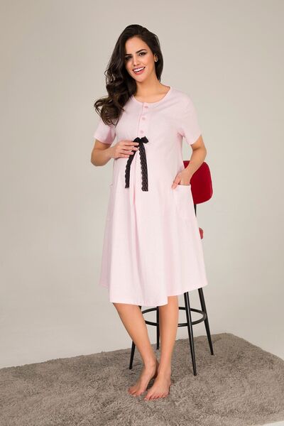 MyBen Pink Maternity Nightgown Combed Cotton Fabric Lycra Lace Tunic Kry05