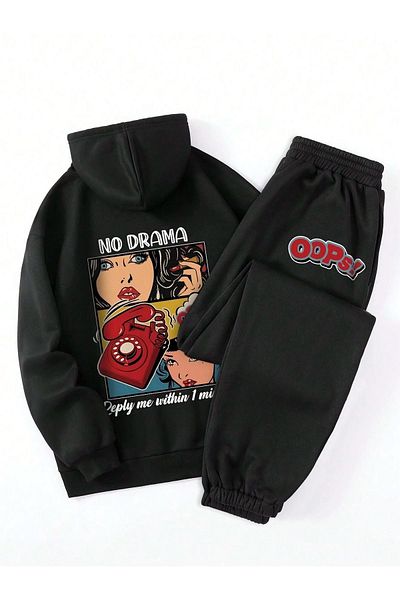 PALPİTO Μαύρο No Drama Printed - Γυναικείο Σετ Jogger Sweat με κουκούλα, 3 νήματα