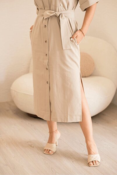 devesta Bel Kemer Detaylı Krem Midi Elbise