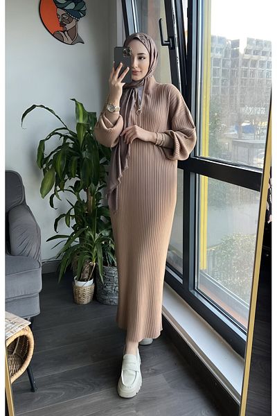 MAXXANA Corded Knitwear Hijab Dress - Loose Cut, Zipper Collar