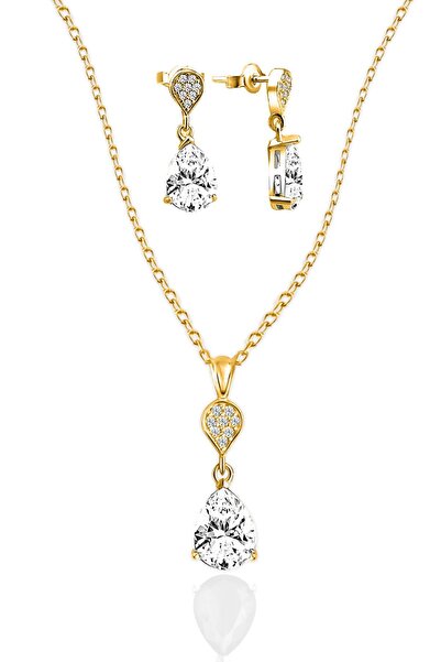 jelux silver 925 Ayar Gümüş  Zirkon Taşlı Pırlanta Montür Damla Rose İkili Set