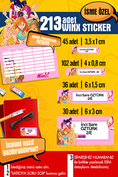SelisCraft Okul Etiketi WINX Temalı Özel İsim Yazılabilen Kalem, Defter, Boya...