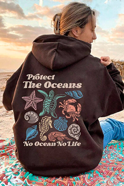Benisengiydir Brown Oversize Hooded Sweatshirt - Protect The Oceans Printed