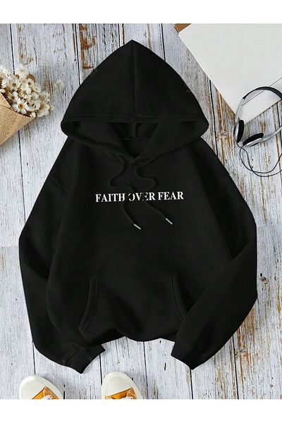 PALPİTO Faith Printed Unisex Μαύρη κουκούλα με κουκούλα - 3 νήματα