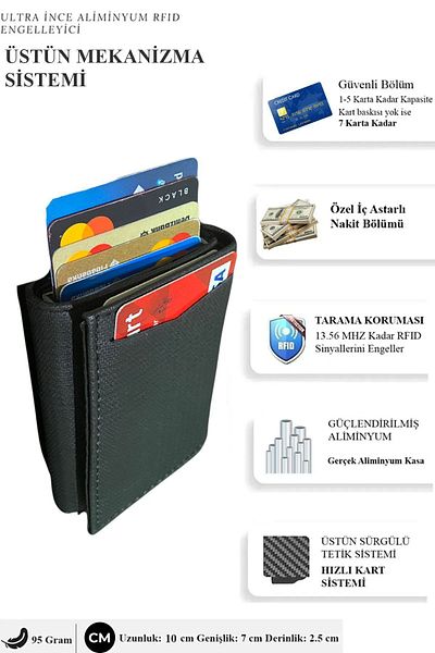 KAZIM ALIÇ Men's Vegan Leather - BlaCk Cash Compartment Slide MeChanism Wallet Card Holder