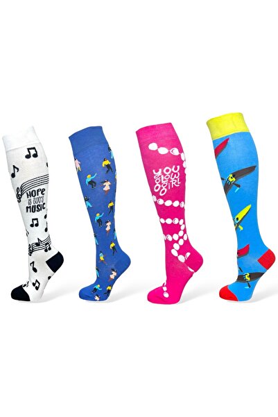 Mevo مجموعة من 4 جوارب قطنية مرنة للركبة للجنسين - ألوان ونمط مختلط