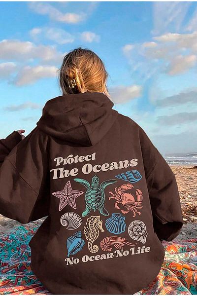 Benisengiydir Brown Oversize Hooded Sweatshirt - Protect The Oceans Printed