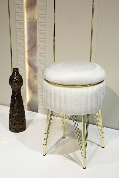 Sare Home Bianco Metal Ayaklı Sehpalı Puf Altın Kırık Beyaz (GOLD OFF WHİTE)